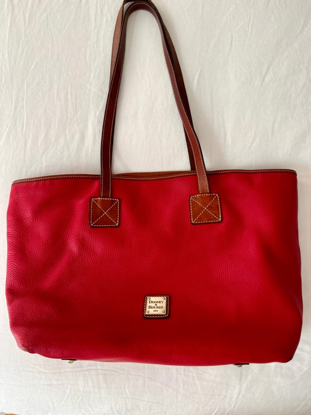 Dooney & Bourke Red Leather Tote with Brown Trim
